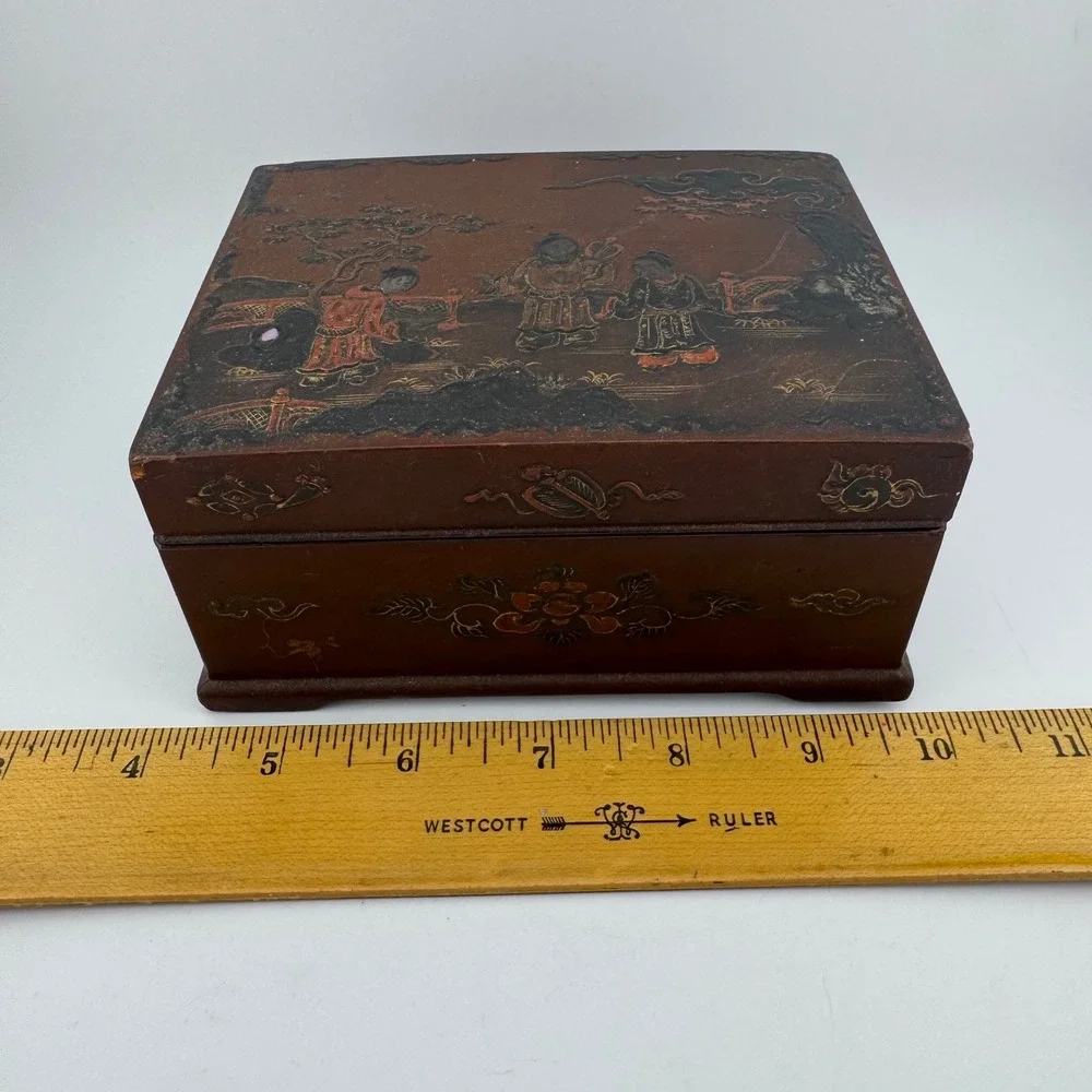 Vintage Lacquer Trinket Box Small Brown Fair Vintage Japanese Chinoiserie Wood